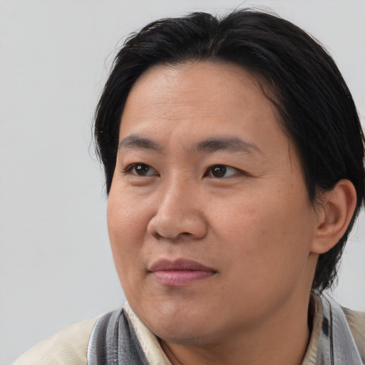 Joyful asian adult male with medium  black hair and brown eyes