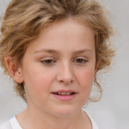 Joyful white child female with medium  brown hair and blue eyes