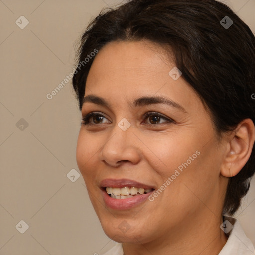 Joyful white adult female with medium  brown hair and brown eyes