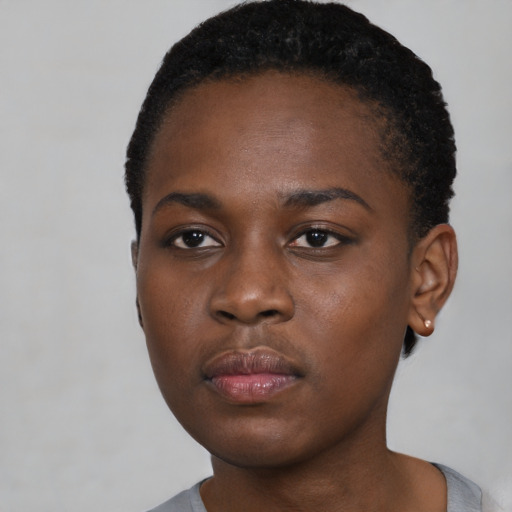 Neutral black young-adult female with short  black hair and brown eyes