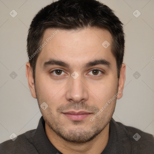 Neutral white young-adult male with short  brown hair and brown eyes