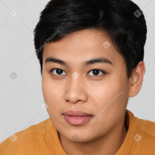 Neutral asian young-adult male with short  brown hair and brown eyes
