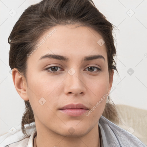 Neutral white young-adult female with medium  brown hair and brown eyes