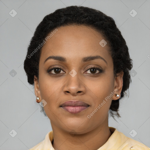 Joyful latino young-adult female with short  black hair and brown eyes