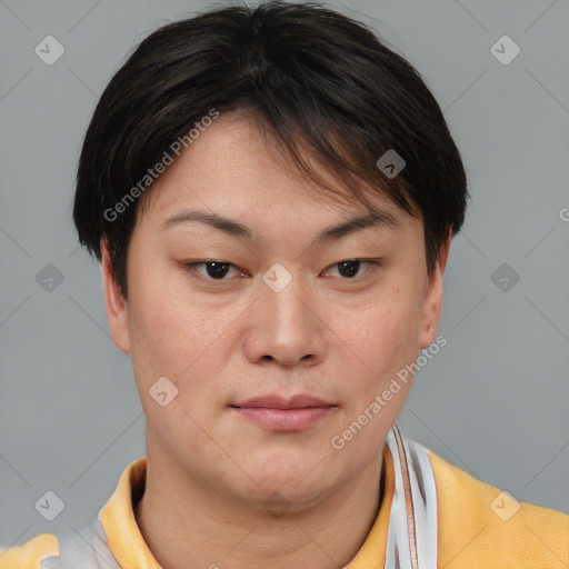 Joyful asian young-adult female with short  brown hair and brown eyes