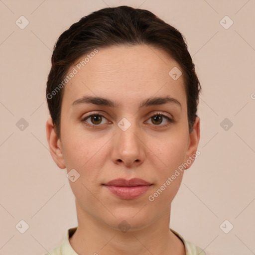 Neutral white young-adult female with short  brown hair and brown eyes