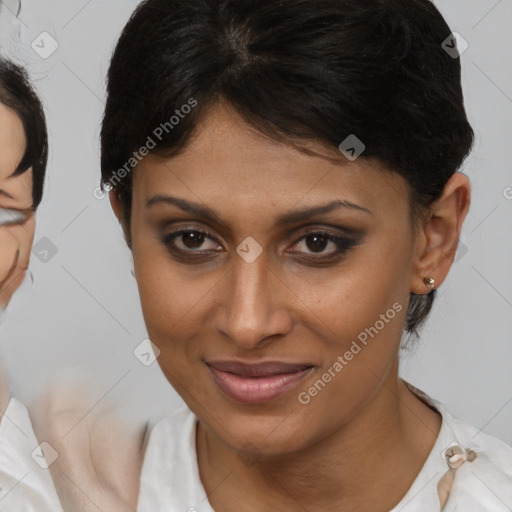 Joyful latino young-adult female with medium  brown hair and brown eyes