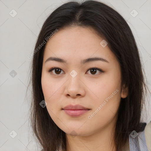 Neutral asian young-adult female with long  brown hair and brown eyes