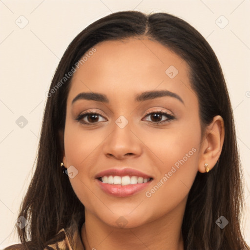 Joyful white young-adult female with long  brown hair and brown eyes