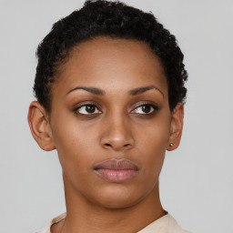 Neutral black young-adult female with short  brown hair and brown eyes