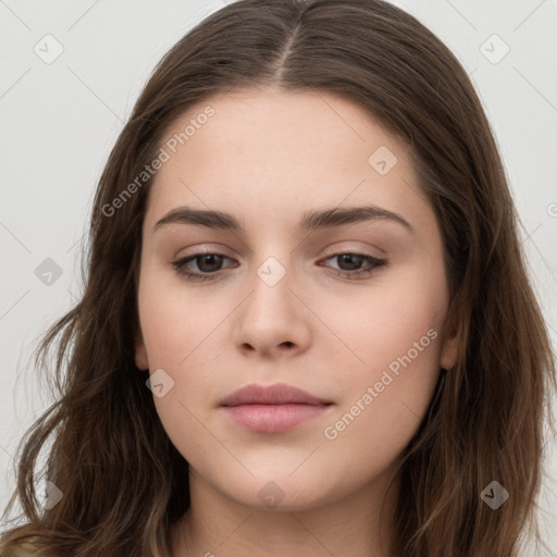 Neutral white young-adult female with long  brown hair and brown eyes