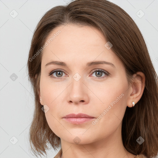 Neutral white young-adult female with medium  brown hair and grey eyes