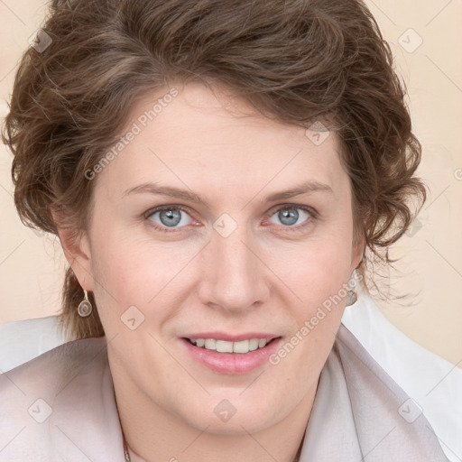 Joyful white young-adult female with medium  brown hair and blue eyes