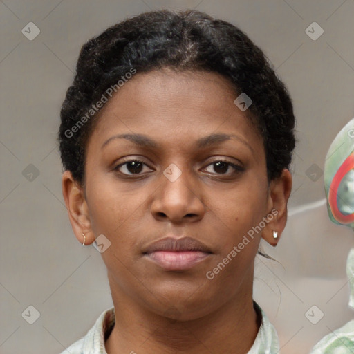 Neutral black young-adult female with short  brown hair and brown eyes