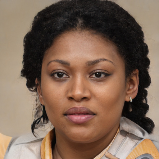 Joyful black young-adult female with long  brown hair and brown eyes