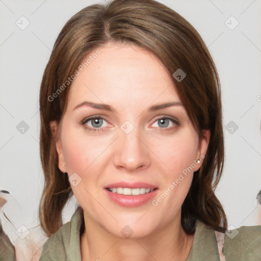 Joyful white young-adult female with medium  brown hair and green eyes