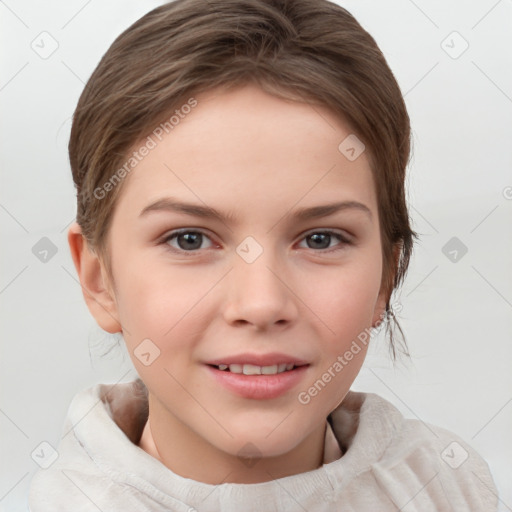 Joyful white child female with short  brown hair and brown eyes