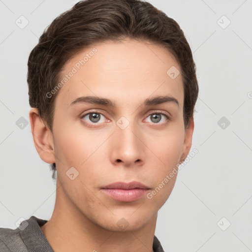 Neutral white young-adult male with short  brown hair and grey eyes