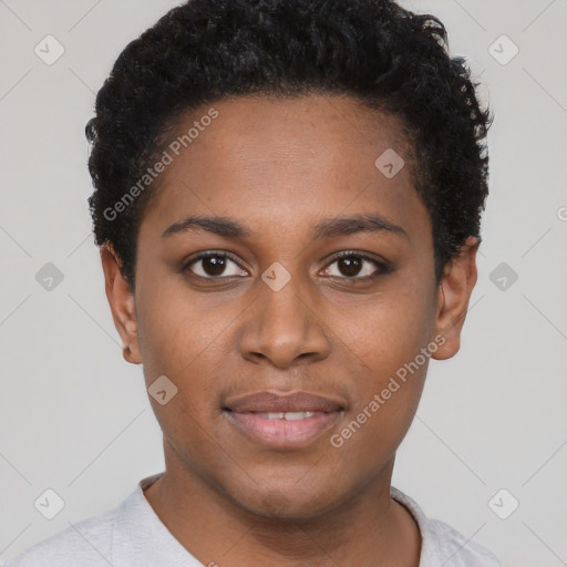 Neutral black young-adult female with short  black hair and brown eyes