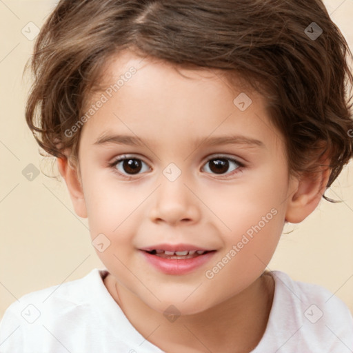 Joyful white child female with short  brown hair and brown eyes