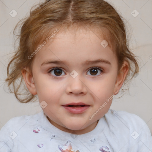 Joyful white child female with medium  brown hair and brown eyes