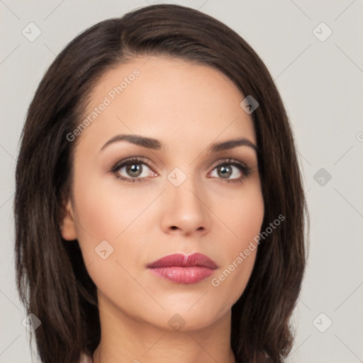 Neutral white young-adult female with medium  brown hair and brown eyes