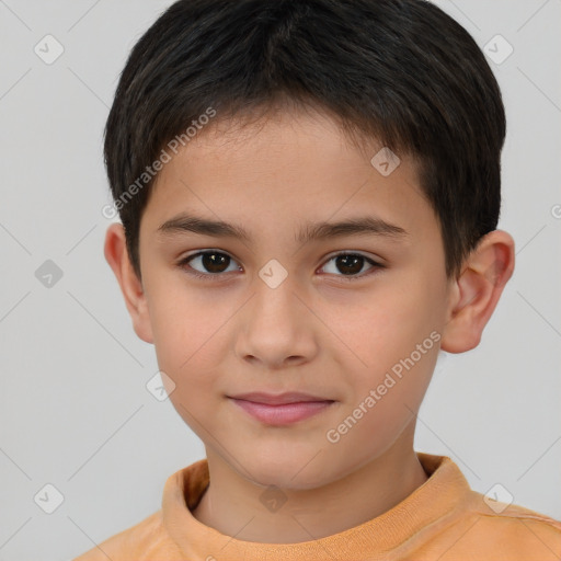 Joyful white child male with short  brown hair and brown eyes