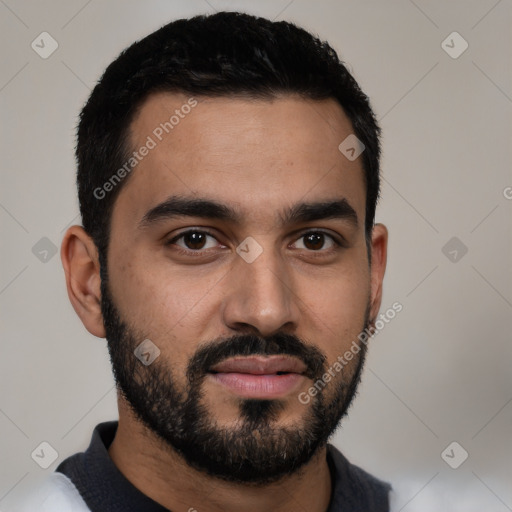 Neutral latino young-adult male with short  black hair and brown eyes