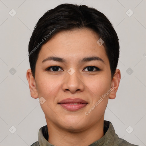 Joyful asian young-adult female with short  brown hair and brown eyes