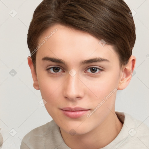 Neutral white young-adult female with short  brown hair and brown eyes