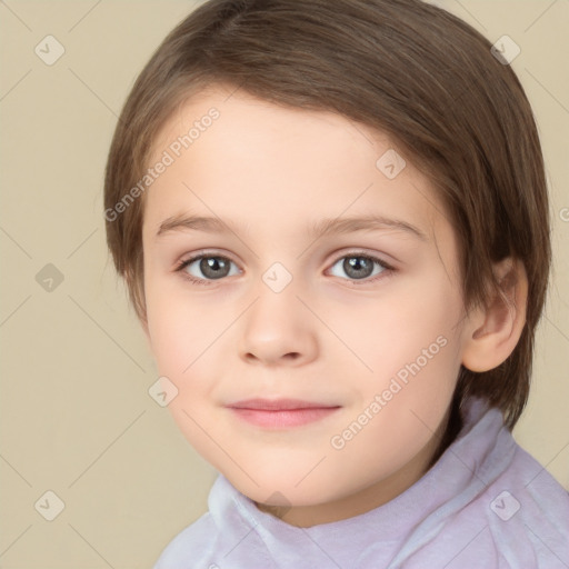 Joyful white child female with medium  brown hair and brown eyes