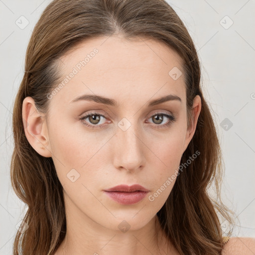 Neutral white young-adult female with long  brown hair and blue eyes