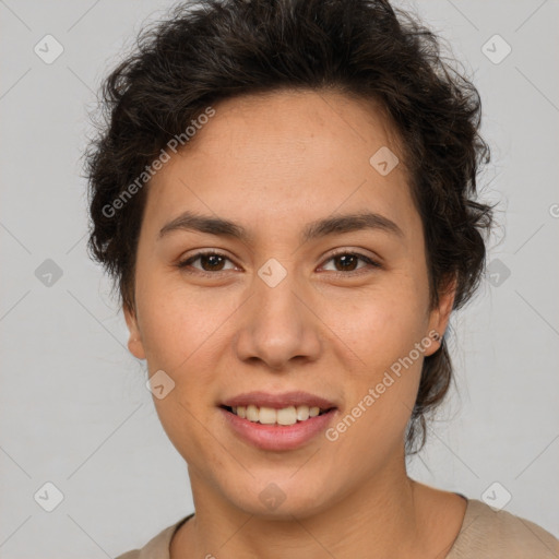 Joyful latino young-adult female with short  brown hair and brown eyes