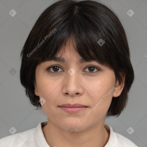 Neutral white young-adult female with medium  brown hair and brown eyes