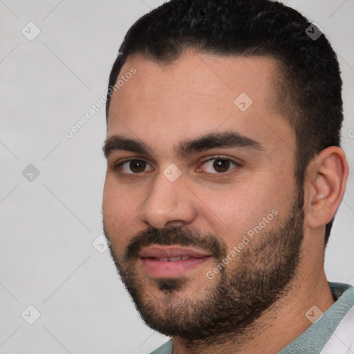 Neutral white young-adult male with short  black hair and brown eyes