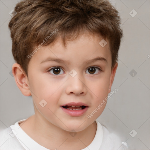 Joyful white child male with short  brown hair and brown eyes