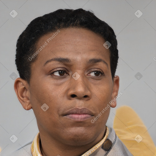 Neutral black young-adult female with short  brown hair and brown eyes