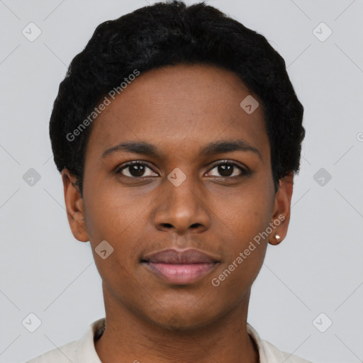 Neutral black young-adult female with short  black hair and brown eyes