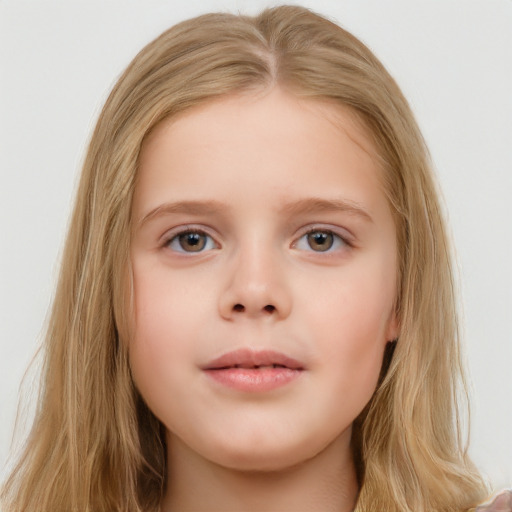 Neutral white child female with long  brown hair and blue eyes