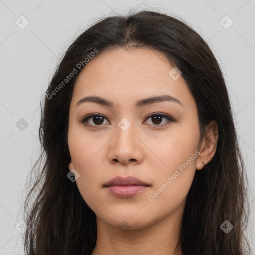 Neutral asian young-adult female with long  brown hair and brown eyes