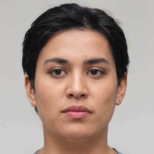 Neutral asian young-adult female with short  brown hair and brown eyes