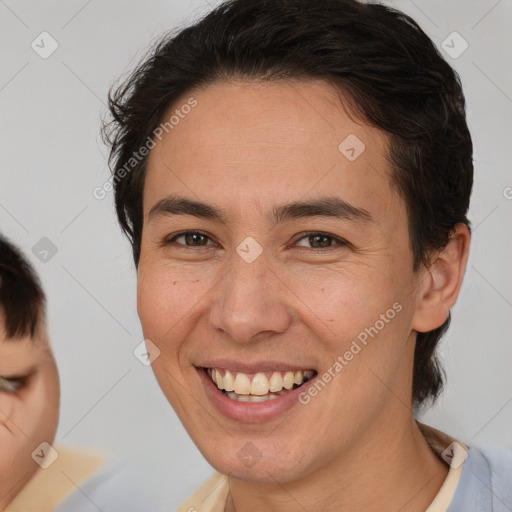 Joyful white adult female with medium  brown hair and brown eyes