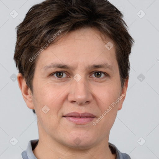 Joyful white adult female with short  brown hair and brown eyes