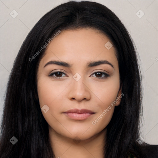 Neutral latino young-adult female with long  black hair and brown eyes