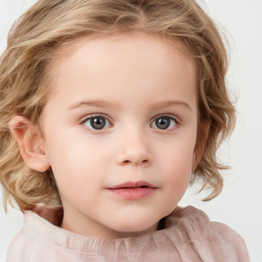 Neutral white child female with medium  brown hair and blue eyes