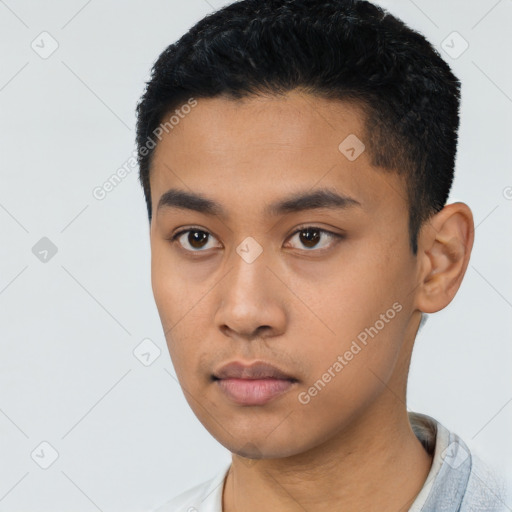 Neutral asian young-adult male with short  black hair and brown eyes