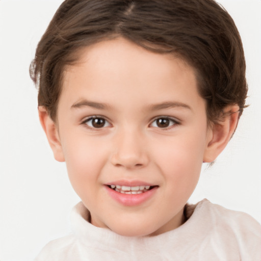 Joyful white child female with short  brown hair and brown eyes