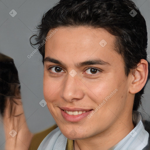 Joyful white young-adult male with medium  brown hair and brown eyes