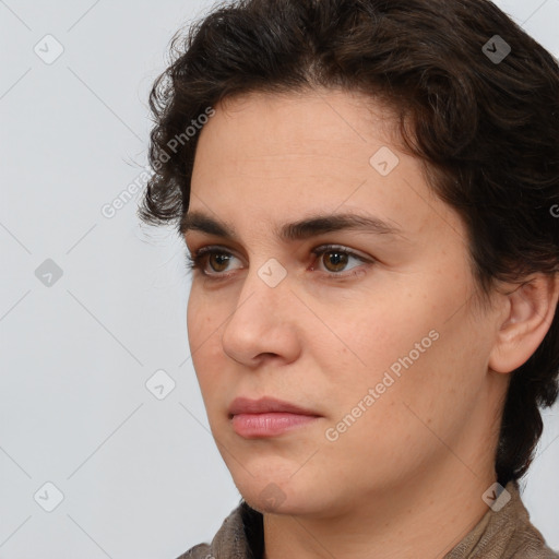 Neutral white young-adult female with medium  brown hair and brown eyes