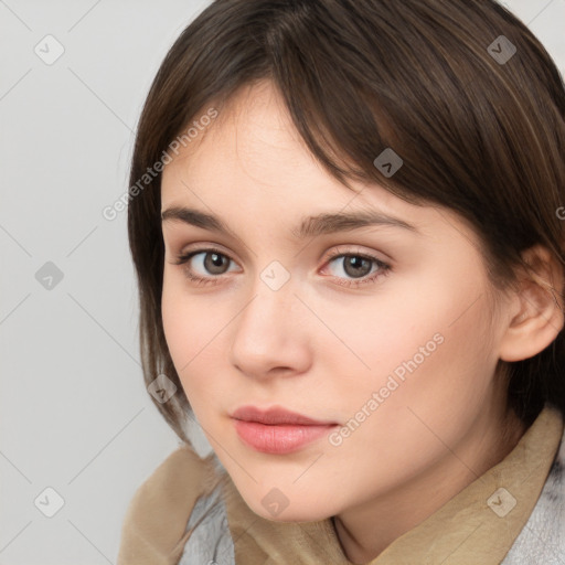 Neutral white young-adult female with medium  brown hair and brown eyes